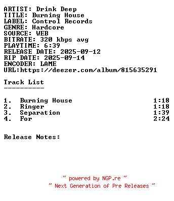 NFO for the release Drink_Deep-Burning_House-WEB-2025-SDR by SDR