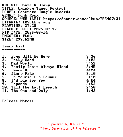NFO for the release Booze_And_Glory-Whiskey_Tango_Foxtrot-16BIT-WEB-FLAC-2025-SDR by SDR