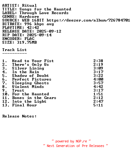 NFO for the release Ritual-Songs_For_The_Haunted-16BIT-WEB-FLAC-2025-SDR by SDR
