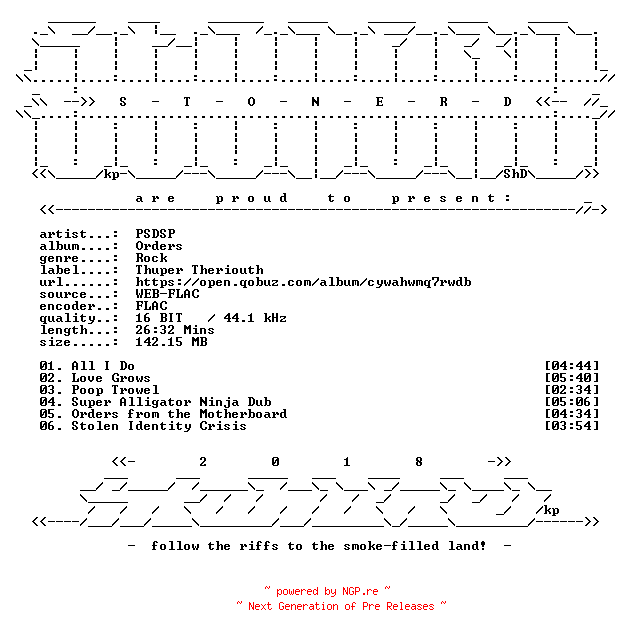 NFO for the release PSDSP-Orders-16BIT-WEB-FLAC-2018-STONERD by STONERD