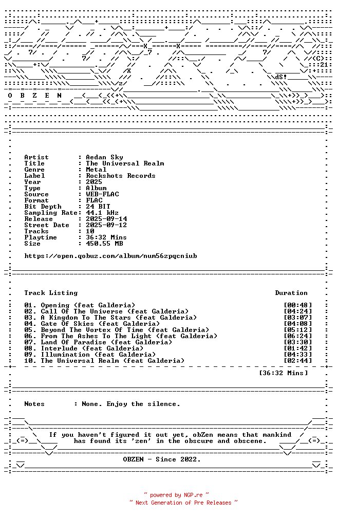 NFO for the release Aedan_Sky-The_Universal_Realm-24BIT-44KHZ-WEB-FLAC-2025-OBZEN by OBZEN