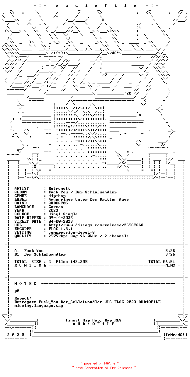 NFO for the release Retrogott-Fuck_You-Der_Schlafwandler-DE-REPACK-VLS-FLAC-2023-AUDiOFiLE by AUDiOFiLE