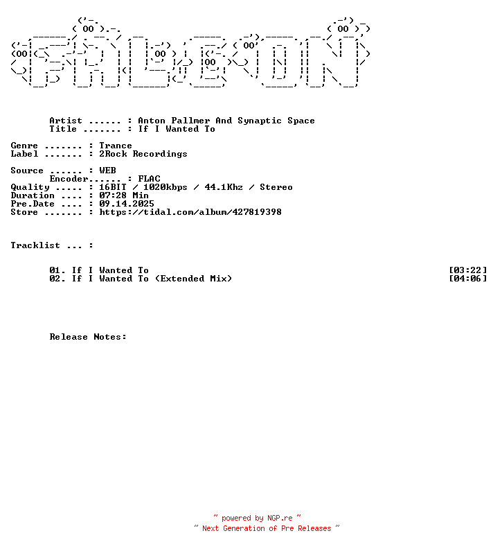 NFO for the release Anton_Pallmer_And_Synaptic_Space-If_I_Wanted_To-16BIT-WEB-FLAC-2025-FALCON by FALCON
