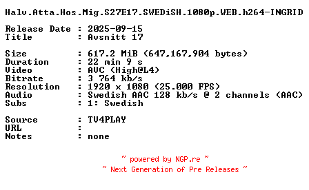 NFO for the release Halv.Atta.Hos.Mig.S27E17.SWEDiSH.1080p.WEB.h264-INGRID by INGRID