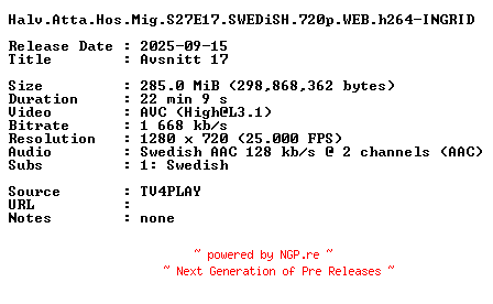NFO for the release Halv.Atta.Hos.Mig.S27E17.SWEDiSH.720p.WEB.h264-INGRID by INGRID