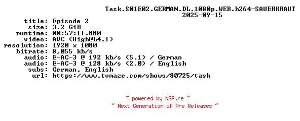 NFO for the release Task.S01E02.GERMAN.DL.1080p.WEB.h264-SAUERKRAUT by SAUERKRAUT