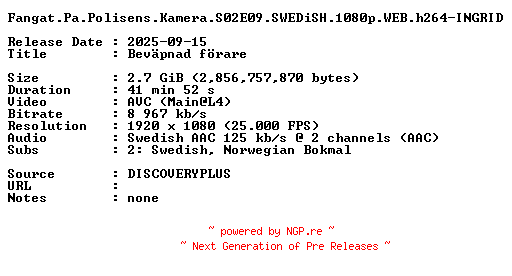 NFO for the release Fangat.Pa.Polisens.Kamera.S02E09.SWEDiSH.1080p.WEB.h264-INGRID by INGRID