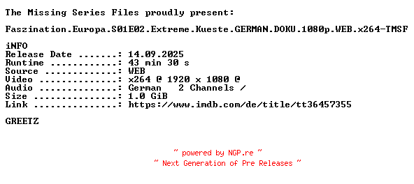 NFO for the release Faszination.Europa.S01E02.Extreme.Kueste.GERMAN.DOKU.1080p.WEB.x264-TMSF by TMSF