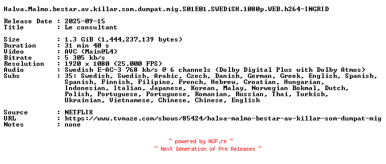 NFO for the release Halva.Malmo.bestar.av.killar.som.dumpat.mig.S01E01.SWEDiSH.1080p.WEB.h264-INGRID by INGRID