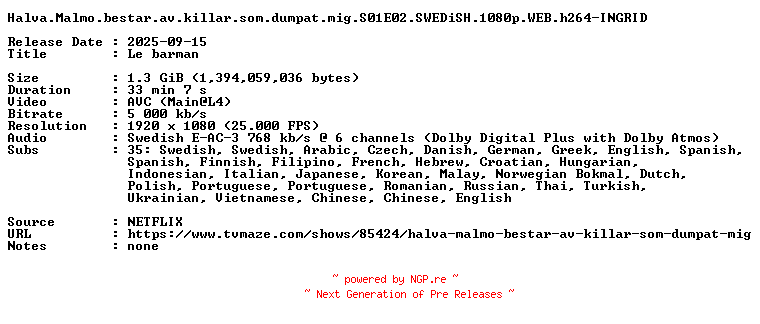 NFO for the release Halva.Malmo.bestar.av.killar.som.dumpat.mig.S01E02.SWEDiSH.1080p.WEB.h264-INGRID by INGRID