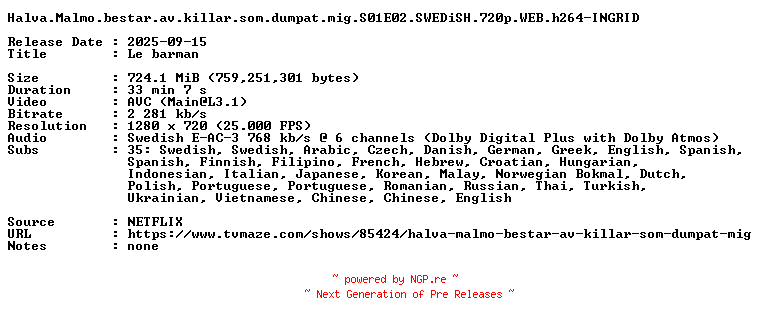 NFO for the release Halva.Malmo.bestar.av.killar.som.dumpat.mig.S01E02.SWEDiSH.720p.WEB.h264-INGRID by INGRID