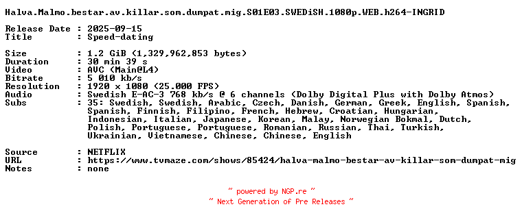 NFO for the release Halva.Malmo.bestar.av.killar.som.dumpat.mig.S01E03.SWEDiSH.1080p.WEB.h264-INGRID by INGRID