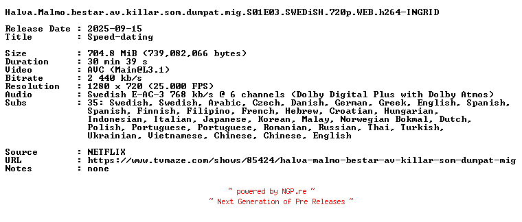 NFO for the release Halva.Malmo.bestar.av.killar.som.dumpat.mig.S01E03.SWEDiSH.720p.WEB.h264-INGRID by INGRID