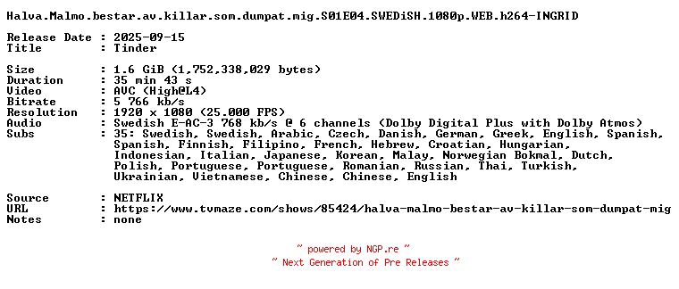 NFO for the release Halva.Malmo.bestar.av.killar.som.dumpat.mig.S01E04.SWEDiSH.1080p.WEB.h264-INGRID by INGRID
