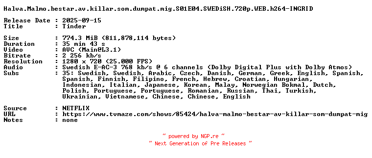 NFO for the release Halva.Malmo.bestar.av.killar.som.dumpat.mig.S01E04.SWEDiSH.720p.WEB.h264-INGRID by INGRID