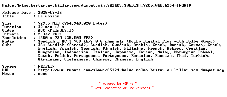 NFO for the release Halva.Malmo.bestar.av.killar.som.dumpat.mig.S01E05.SWEDiSH.720p.WEB.h264-INGRID by INGRID