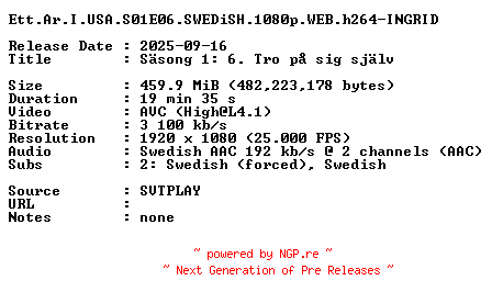NFO for the release Ett.Ar.I.USA.S01E06.SWEDiSH.1080p.WEB.h264-INGRID by INGRID