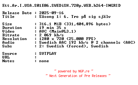 NFO for the release Ett.Ar.I.USA.S01E06.SWEDiSH.720p.WEB.h264-INGRID by INGRID