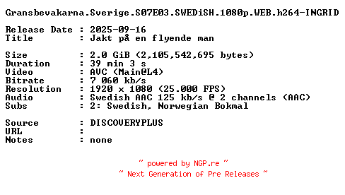 NFO for the release Gransbevakarna.Sverige.S07E03.SWEDiSH.1080p.WEB.h264-INGRID by INGRID
