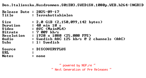 NFO for the release Den.Italienska.Husdrommen.S01E03.SWEDiSH.1080p.WEB.h264-INGRID by INGRID