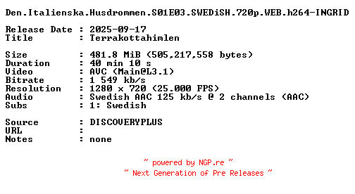 NFO for the release Den.Italienska.Husdrommen.S01E03.SWEDiSH.720p.WEB.h264-INGRID by INGRID