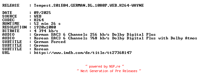NFO for the release Tempest.S01E04.GERMAN.DL.1080P.WEB.H264-WAYNE by WAYNE
