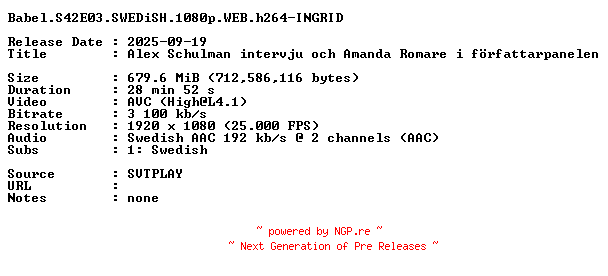 NFO for the release Babel.S42E03.SWEDiSH.1080p.WEB.h264-INGRID by INGRID