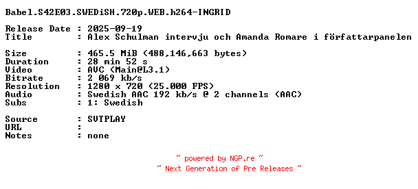 NFO for the release Babel.S42E03.SWEDiSH.720p.WEB.h264-INGRID by INGRID