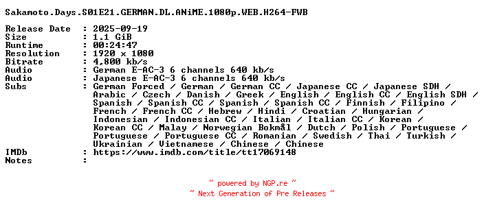 NFO for the release Sakamoto.Days.S01E21.GERMAN.DL.ANiME.1080p.WEB.H264-FWB by FWB