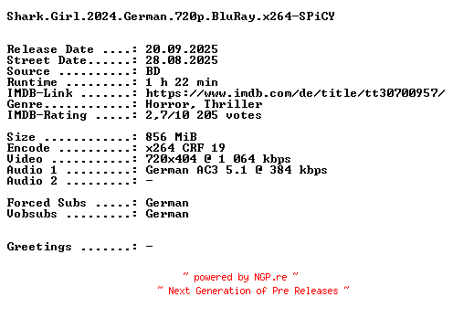 NFO for the release Shark.Girl.German.2024.AC3.BDRip.x264-SPiCY by SPiCY