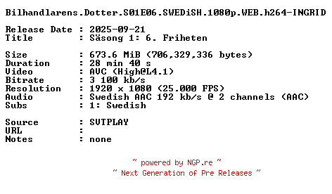 NFO for the release Bilhandlarens.Dotter.S01E06.SWEDiSH.1080p.WEB.h264-INGRID by INGRID