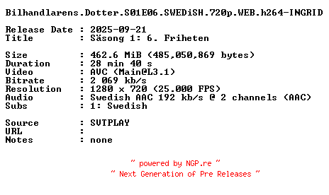 NFO for the release Bilhandlarens.Dotter.S01E06.SWEDiSH.720p.WEB.h264-INGRID by INGRID