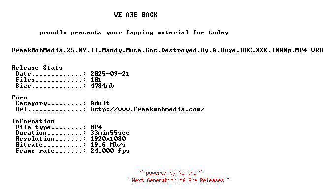 NFO for the release FreakMobMedia.25.09.11.Mandy.Muse.Got.Destroyed.By.A.Huge.BBC.XXX.1080p.MP4-WRB by WRB