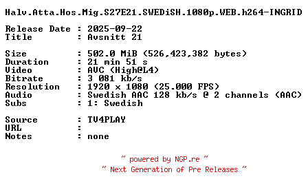 NFO for the release Halv.Atta.Hos.Mig.S27E21.SWEDiSH.1080p.WEB.h264-INGRID by INGRID