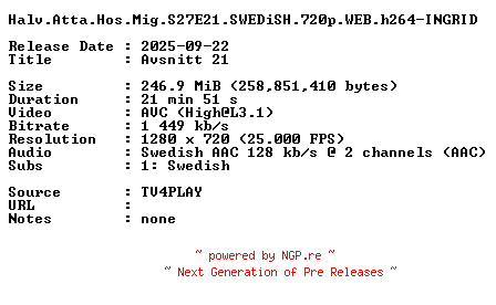 NFO for the release Halv.Atta.Hos.Mig.S27E21.SWEDiSH.720p.WEB.h264-INGRID by INGRID