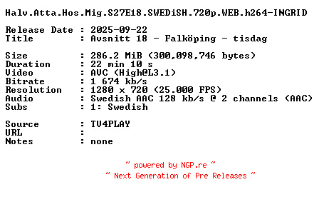 NFO for the release Halv.Atta.Hos.Mig.S27E18.SWEDiSH.720p.WEB.h264-INGRID by INGRID