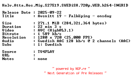 NFO for the release Halv.Atta.Hos.Mig.S27E19.SWEDiSH.720p.WEB.h264-INGRID by INGRID