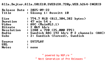 NFO for the release Alla.Dejtar.Alla.S01E10.SWEDiSH.720p.WEB.h264-INGRID by INGRID