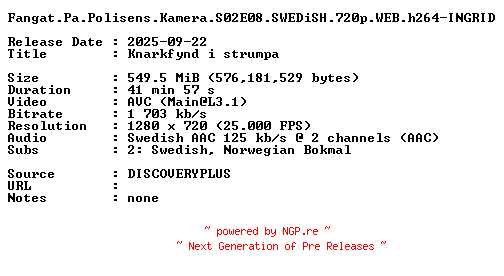 NFO for the release Fangat.Pa.Polisens.Kamera.S02E08.SWEDiSH.720p.WEB.h264-INGRID by INGRID