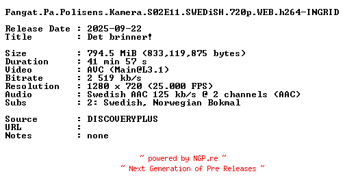 NFO for the release Fangat.Pa.Polisens.Kamera.S02E11.SWEDiSH.720p.WEB.h264-INGRID by INGRID