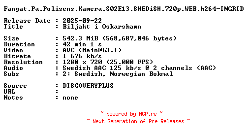 NFO for the release Fangat.Pa.Polisens.Kamera.S02E13.SWEDiSH.720p.WEB.h264-INGRID by INGRID