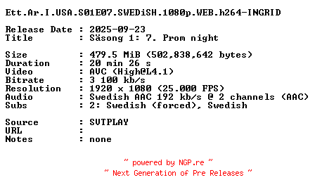 NFO for the release Ett.Ar.I.USA.S01E07.SWEDiSH.1080p.WEB.h264-INGRID by INGRID