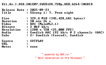NFO for the release Ett.Ar.I.USA.S01E07.SWEDiSH.720p.WEB.h264-INGRID by INGRID