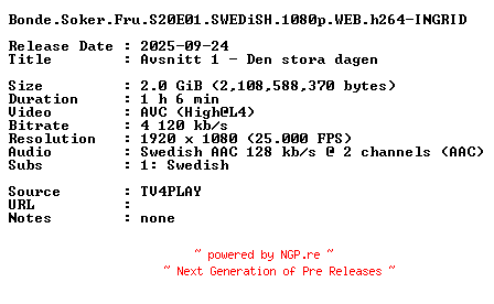 NFO for the release Bonde.Soker.Fru.S20E01.SWEDiSH.1080p.WEB.h264-INGRID by INGRID