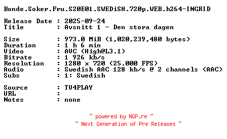 NFO for the release Bonde.Soker.Fru.S20E01.SWEDiSH.720p.WEB.h264-INGRID by INGRID