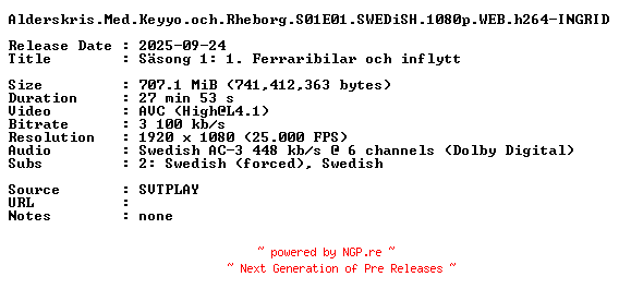 NFO for the release Alderskris.Med.Keyyo.och.Rheborg.S01E01.SWEDiSH.1080p.WEB.h264-INGRID by INGRID