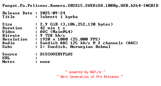 NFO for the release Fangat.Pa.Polisens.Kamera.S02E15.SWEDiSH.1080p.WEB.h264-INGRID by INGRID