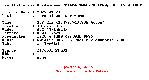 NFO for the release Den.Italienska.Husdrommen.S01E04.SWEDiSH.1080p.WEB.h264-INGRID by INGRID