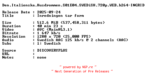 NFO for the release Den.Italienska.Husdrommen.S01E04.SWEDiSH.720p.WEB.h264-INGRID by INGRID