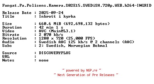 NFO for the release Fangat.Pa.Polisens.Kamera.S02E15.SWEDiSH.720p.WEB.h264-INGRID by INGRID